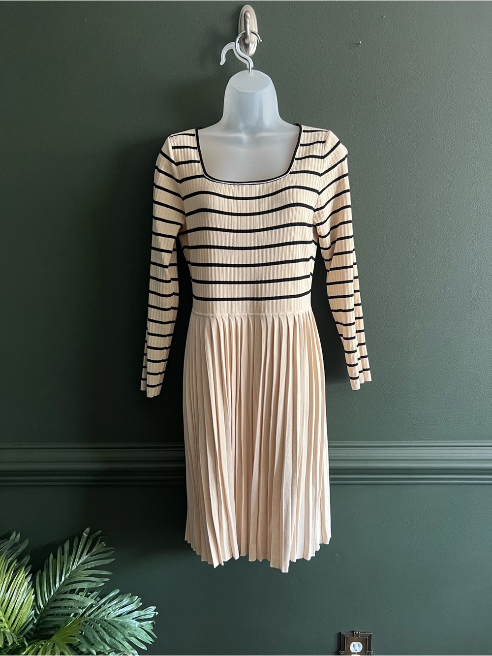 Cream and Black Striped Pleated Fit-and-Flare Sweater Dress